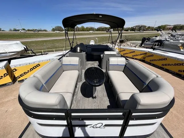 Slide: The Image of 2022 Qwest Pontoons 822 LT with gray seating and black canopy. - 9