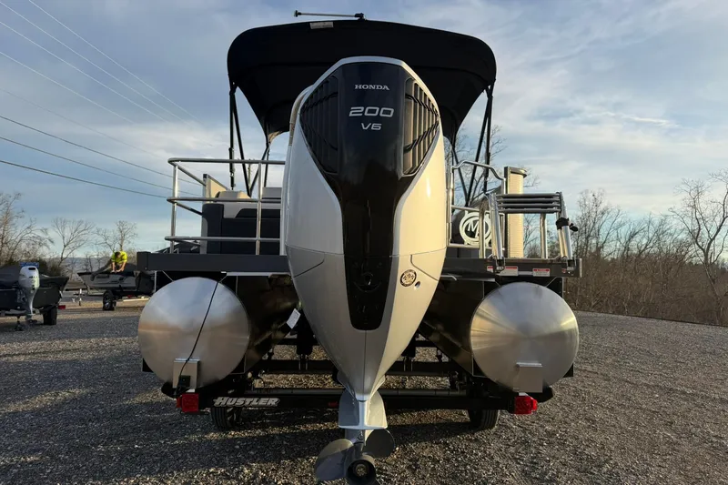 Slide: The Image of 2026 Montego Bay ST8524 SB DLX pontoon boat with Honda 200 V6 engine, rear view. - 10