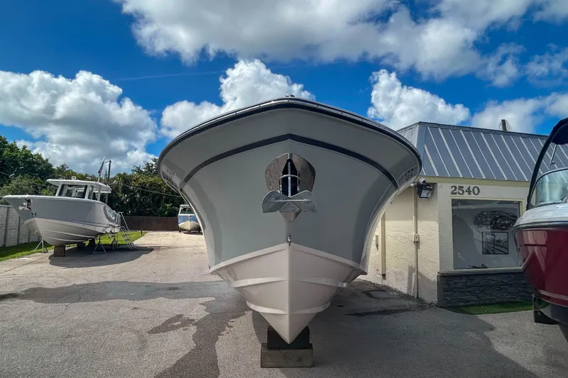 Slide: The Image of 2019 Grady-White Freedom 275 boat displayed outdoors under a blue sky. - 4