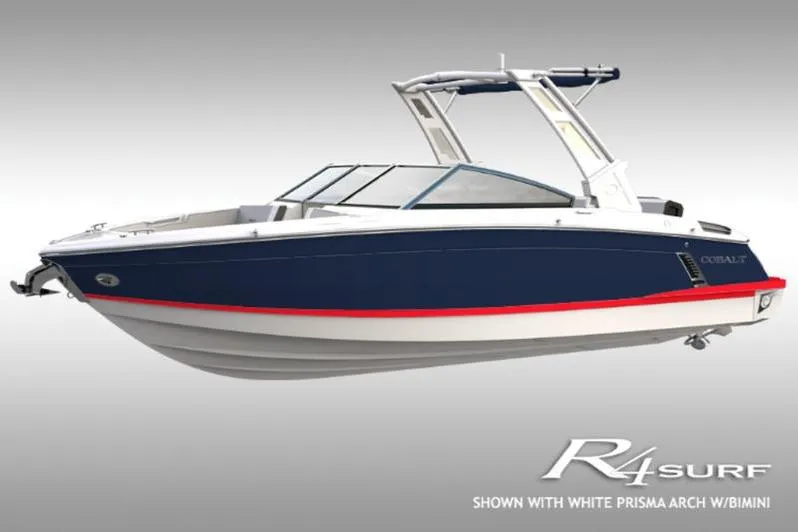 The Image of 2025 Cobalt R4 Surf boat with white Prisma arch and Bimini, side view. - 0