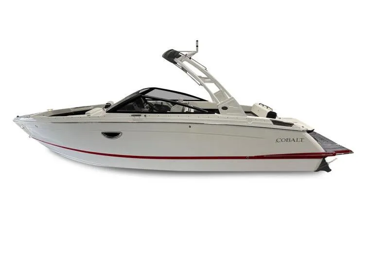 The Image of 2025 Cobalt R6 boat, sleek white design with red accents, side view. - 0