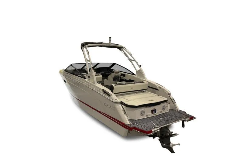 Slide: The Image of 2025 Cobalt R6 boat with sleek design and spacious seating, rear view. - 2