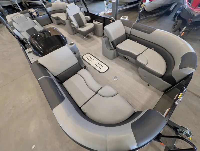 Slide: The Image of 2021 Veranda Pontoon with luxurious interior and gray seating. - 16