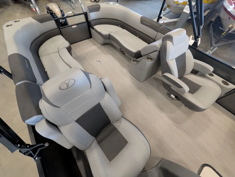 Slide: The Image of Interior of a 2021 Veranda pontoon boat with gray seating. - 20