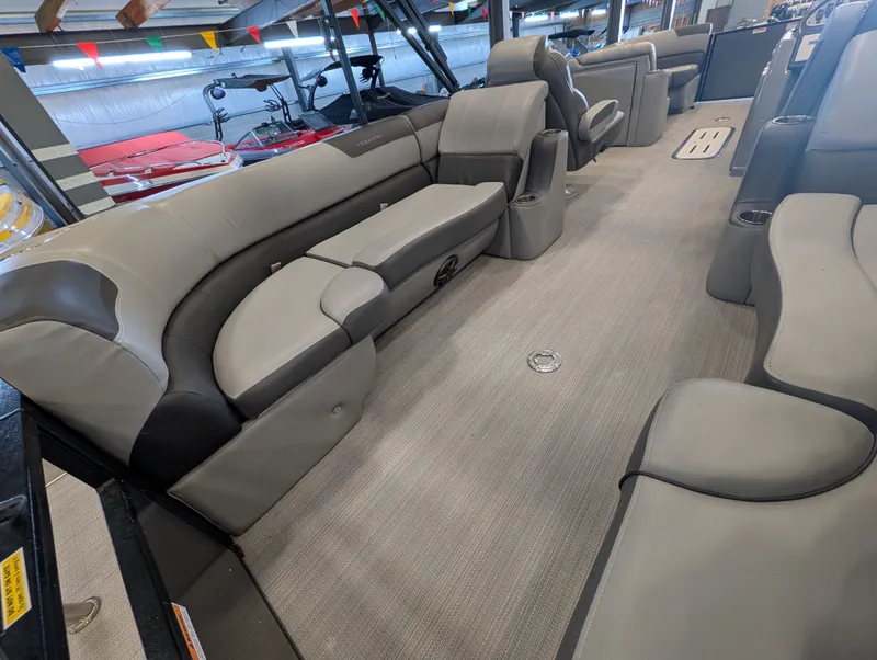Slide: The Image of Interior of a 2021 Veranda pontoon with gray leather seating. - 26