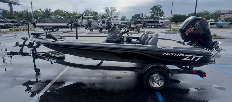 Slide: The Image of 2022 Nitro Z17 boat parked on trailer outdoors. - 10
