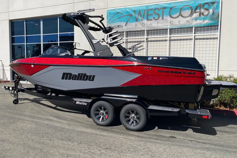 Slide: The Image of 2025 Malibu Wakesetter 23 LSV boat on trailer at West Coast Boat Center. - 2