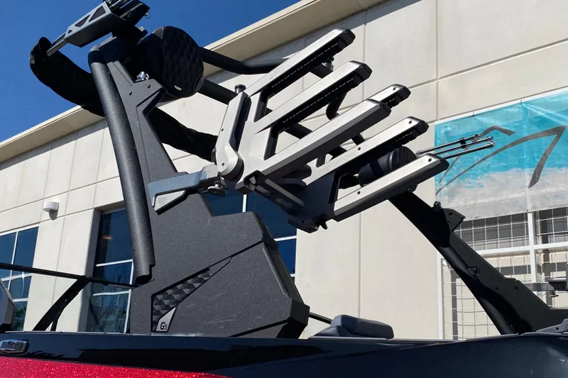 Slide: The Image of 2025 Malibu Wakesetter 23 LSV boat tower with wakeboard racks, exterior view. - 8