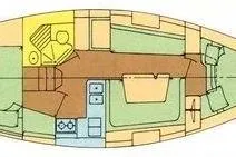 Slide: The Image of Floor plan of a 1992 Catalina 34 sailboat, showing interior layout and amenities. - 20
