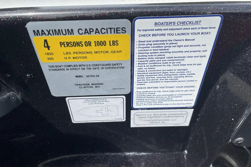 Slide: The Image of 2013 Nitro Z-8 boat capacity and safety checklist, detailing maximum load and compliance standards. - 22