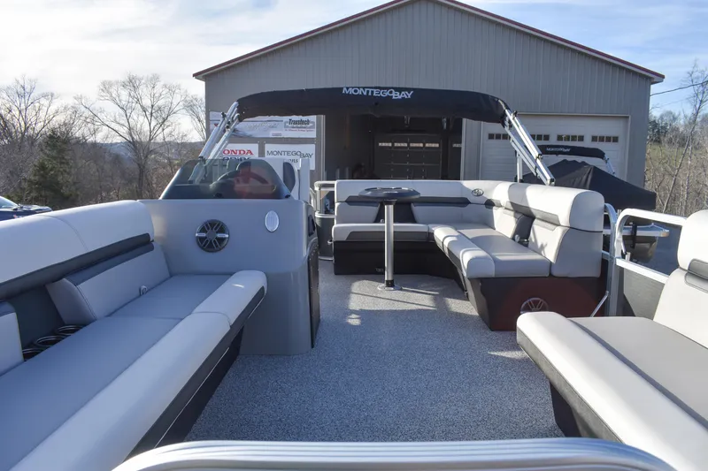 Slide: The Image of 2025 Montego Bay 90HP C8520 STD Cruise Pontoon with spacious seating and modern design. - 11