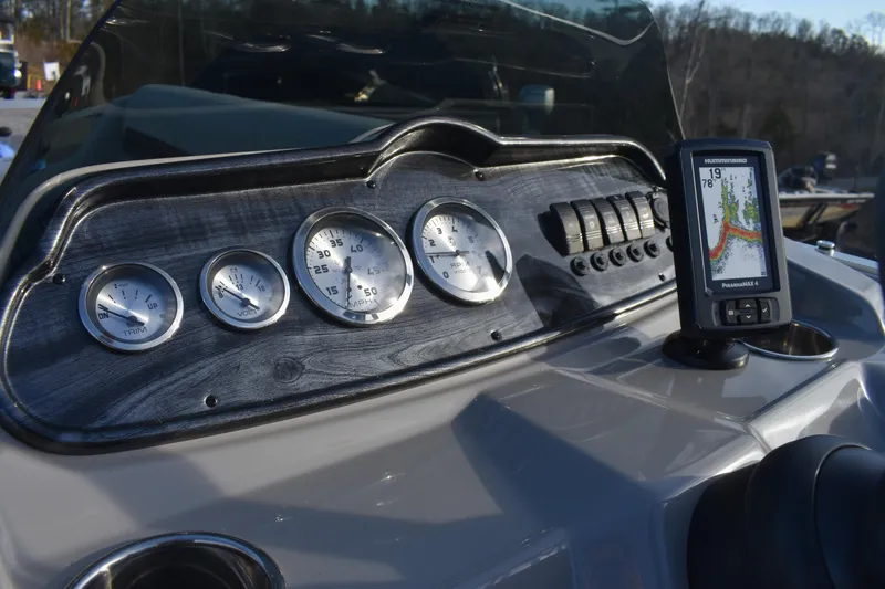 Slide: The Image of Dashboard of 2025 Montego Bay 90HP C8520 STD Cruise Pontoon with gauges and navigation display. - 20