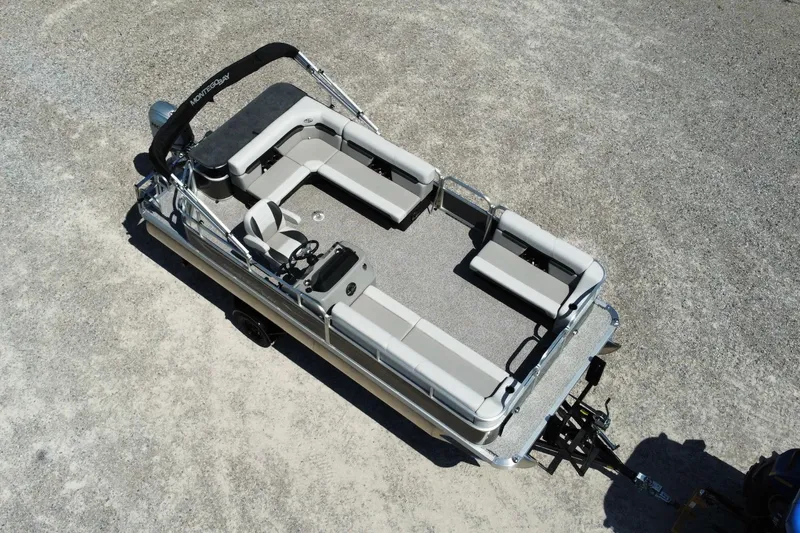 Slide: The Image of 2025 Montego Bay 90HP C8520 STD Cruise Pontoon on trailer, aerial view. - 4