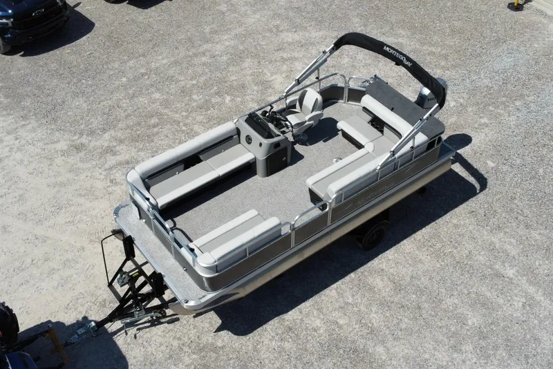 Slide: The Image of 2025 Montego Bay 90HP C8520 STD Cruise Pontoon on trailer, aerial view. - 6