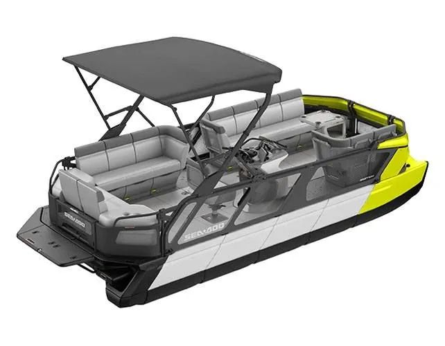 Slide: The Image of Three Sea-Doo Switch Cruise 21 boats, 2022 model, in front of a Polaris building. - 2