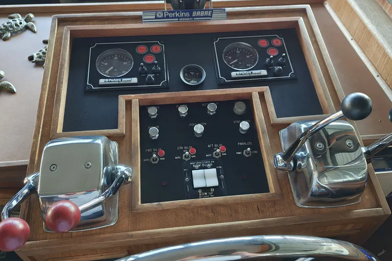 Slide: The Image of 1976 Hatteras 38 Double Cabin control panel with Perkins Sabre instruments. - 14