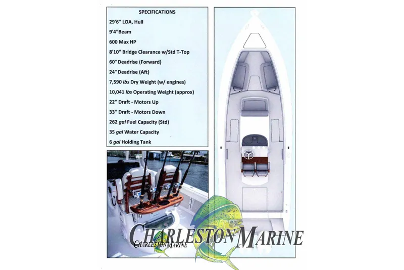 Slide: The Image of Jupiter 30 boat specifications with top view and fishing rod setup, Charleston Marine branding. - 39