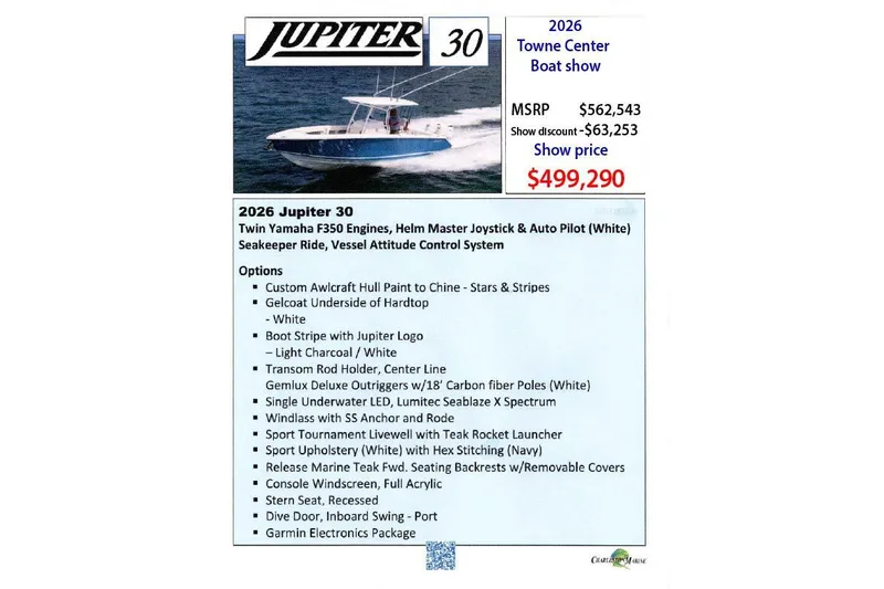 Slide: The Image of 2026 Jupiter 30 boat with twin Yamaha engines, on sale for $499,290 at Towne Center Boat Show. - 40