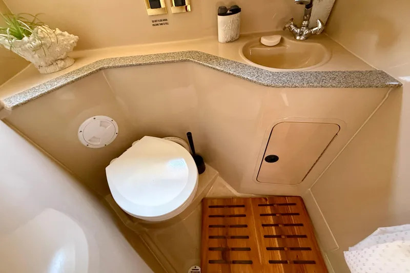 Slide: The Image of Compact bathroom in 2002 Cruisers Yachts 2870 Express with toilet, sink, and wooden floor mat. - 24