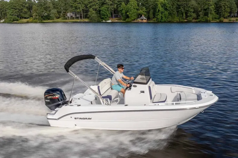 Slide: The Image of 2026 Stingray 173 CC boat cruising on a serene lake. - 10