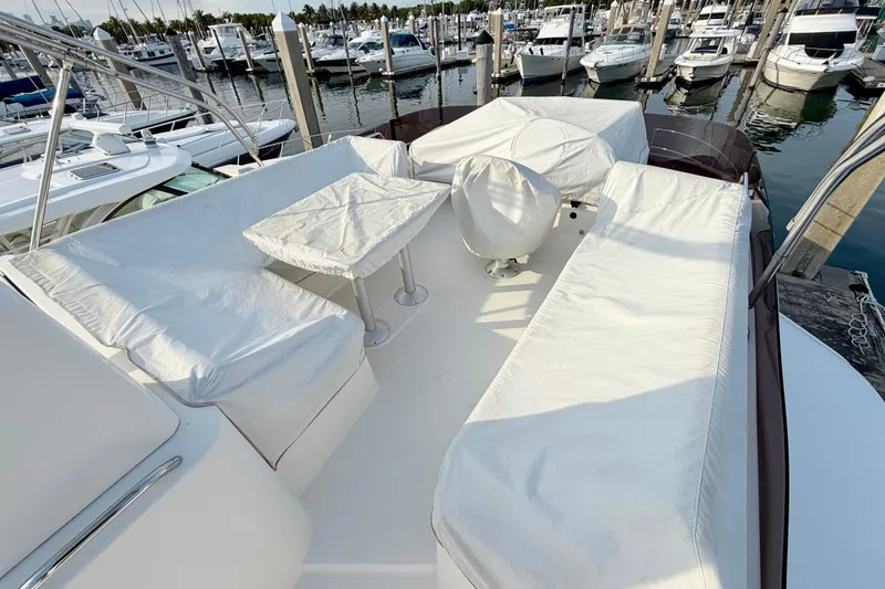 Slide: The Image of Flybridge of 2021 Beneteau Swift Trawler 41 Fly, featuring covered seating and table. - 17