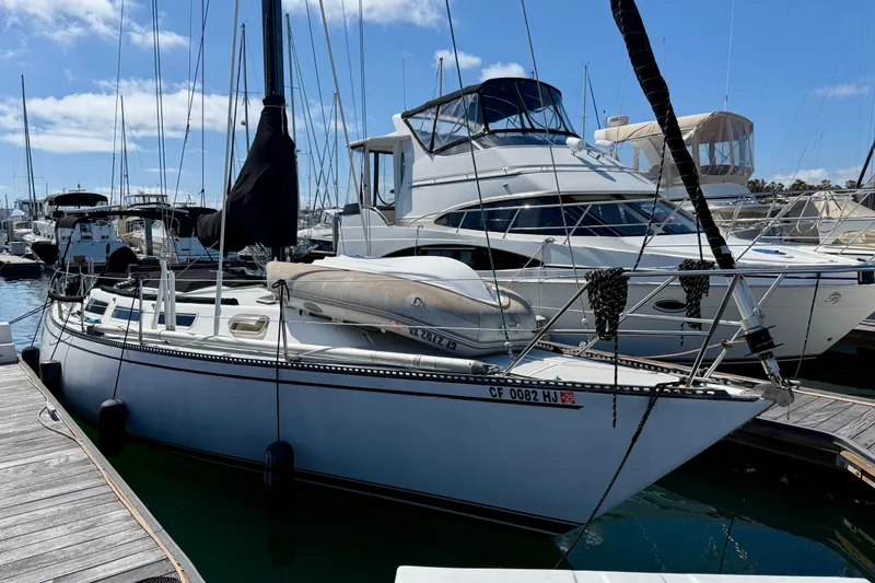 The Image of 1985 Catalina 38 sailboat docked at marina, surrounded by other boats under a clear blue sky. - 1