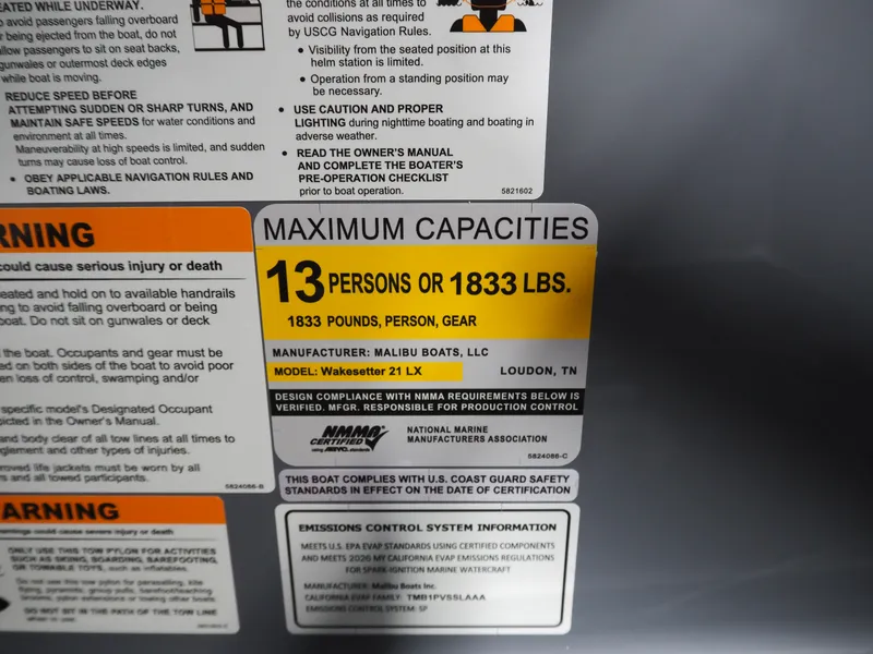 Slide: The Image of Safety label of 2026 Malibu Wakesetter 21 LX with capacity details. - 12