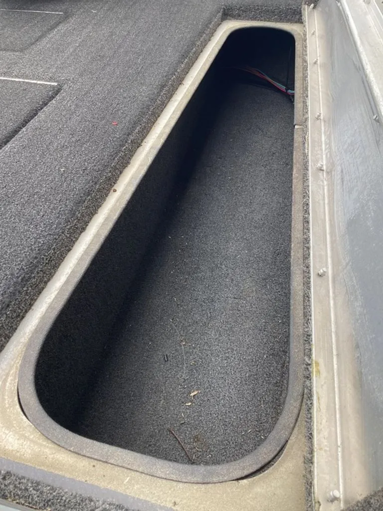 Slide: The Image of Lowe Stinger 18 HP 2013 boat storage compartment with carpeted interior. - 44