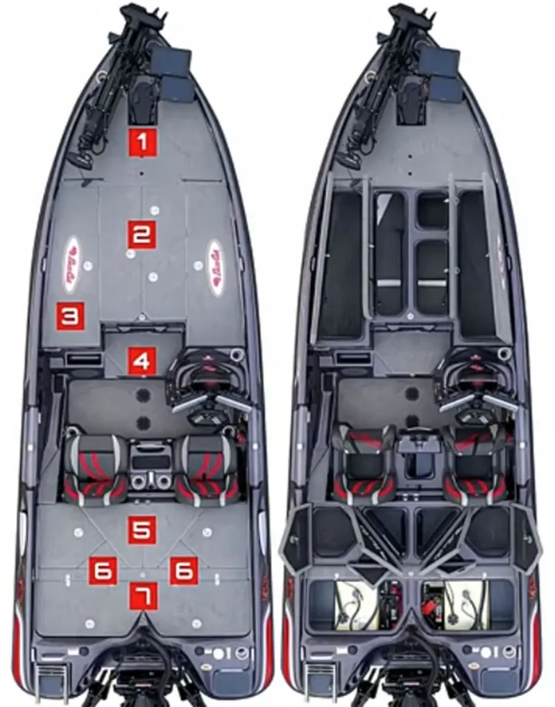 The Image of Bass Cat Eyra SP 2026 boat layout with numbered sections. - 1