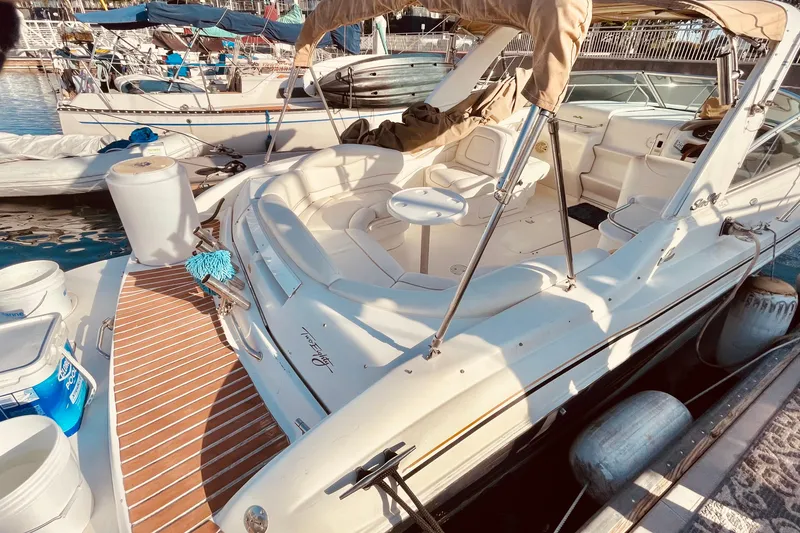 Slide: The Image of 2001 Sea Ray 280 boat docked at marina, featuring spacious seating and sleek design. - 8