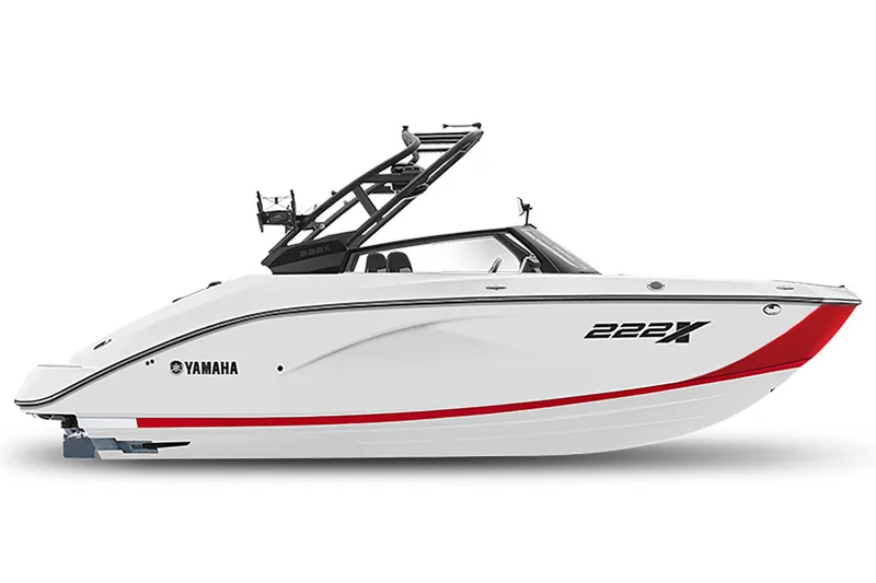 The Image of 2026 Yamaha Boats 222XD, white with red accent, side view. - 1