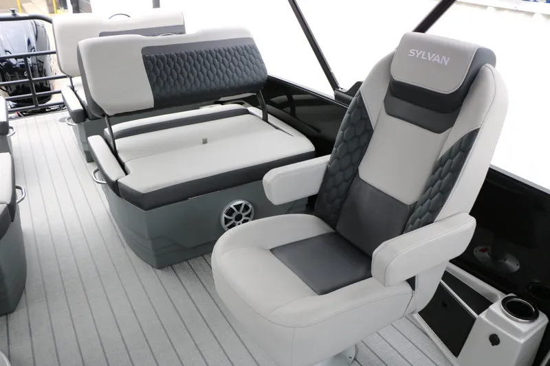 Slide: The Image of Interior of 2026 Sylvan L3 RLZ Tri Toon with luxurious seating. - 40