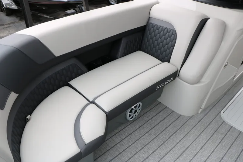 Slide: The Image of Interior of 2026 Sylvan L3 RLZ Tri Toon with luxurious seating. - 45