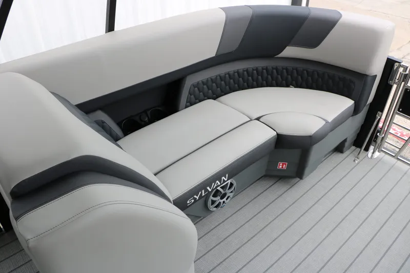 Slide: The Image of Interior of 2026 Sylvan L3 RLZ Tri Toon with luxurious seating. - 46