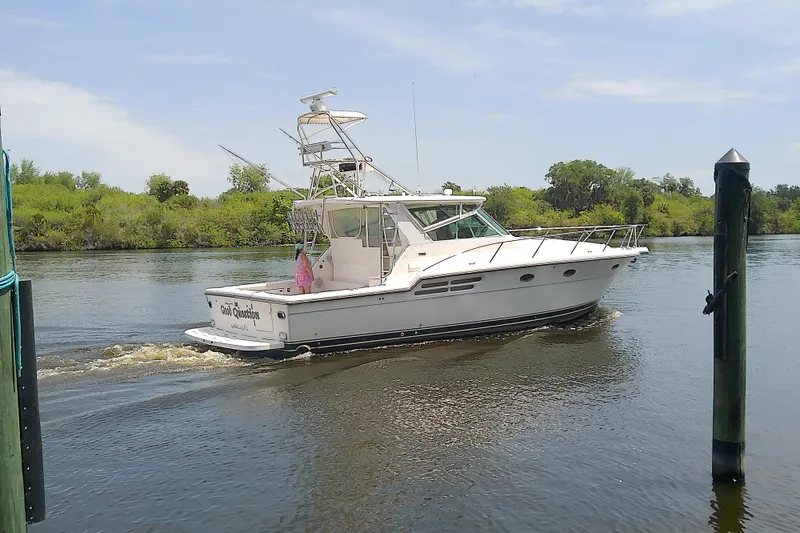 Slide: The Image of 2000 Tiara Yachts 4100 Open cruising on a calm river with lush greenery. - 2