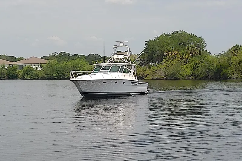 Slide: The Image of 2000 Tiara Yachts 4100 Open cruising on a calm river with lush greenery. - 7