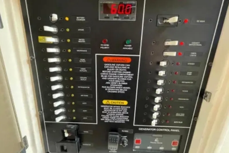 Slide: The Image of Electrical control panel on a 2007 Grady-White Express 330 boat, featuring various switches and indicators. - 50