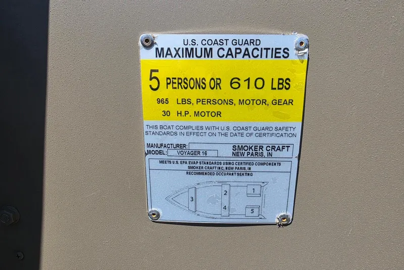 Slide: The Image of 2026 Smoker Craft Voyager 16 capacity label, U.S. Coast Guard certified for 5 persons or 610 lbs. - 10