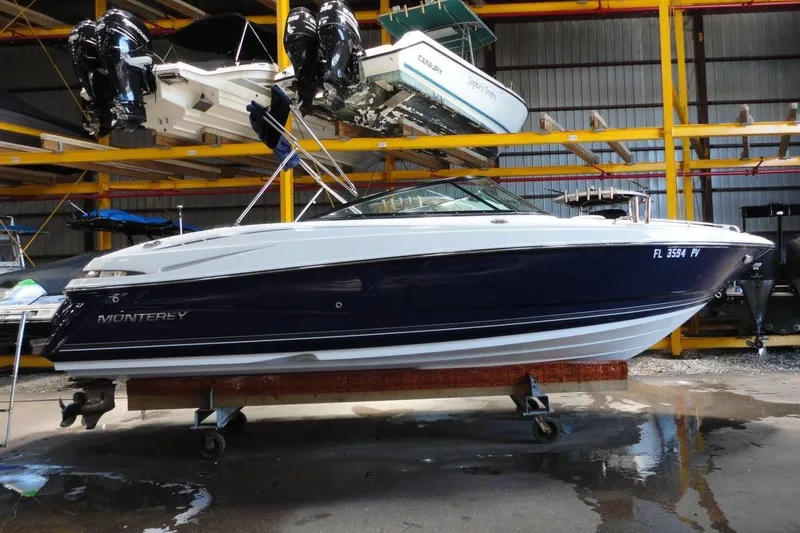 The Image of 2015 Monterey 264FS boat in storage, showcasing sleek design and modern features. - 0
