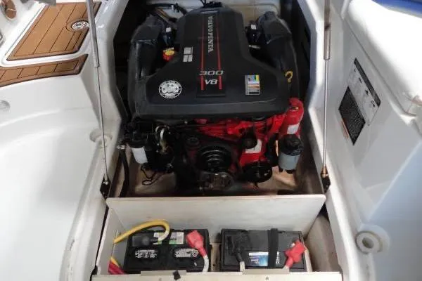 Slide: The Image of Engine compartment of a 2015 Monterey 264FS boat, featuring a Volvo Penta V8 300 engine. - 15