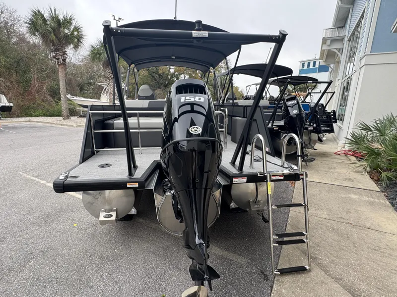 Slide: The Image of Viaggio Lago X-S 2025 pontoon boat with 150 HP engine, docked near palm trees. - 2