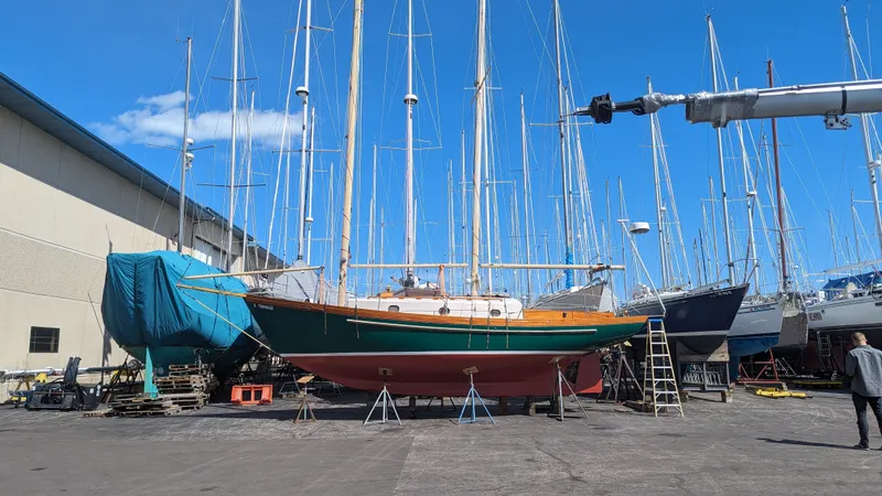 Slide: The Image of 1980 Ted Brewer Lazy Jack sailboat in dry dock. - 5