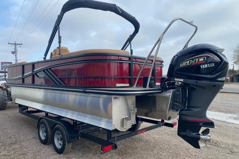 Slide: The Image of 2026 SunCatcher Fusion 324RC pontoon boat with Yamaha SHO Vmax engine on trailer. - 4