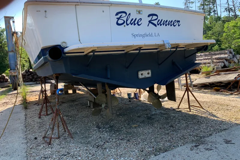 Slide: The Image of 1996 Luhrs 38 Open boat "Blue Runner" on stands, Springfield, LA. - 4