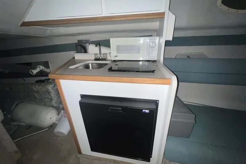 Slide: The Image of 1995 Rinker Fiesta Vee 265 cabin interior with kitchenette, sink, microwave, and mini-fridge. - 16