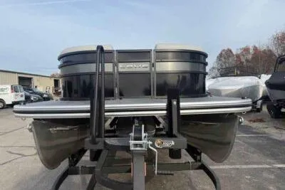 Slide: The Image of 2026 Lowe SS 230 WV pontoon boat on trailer, rear view in outdoor setting. - 3
