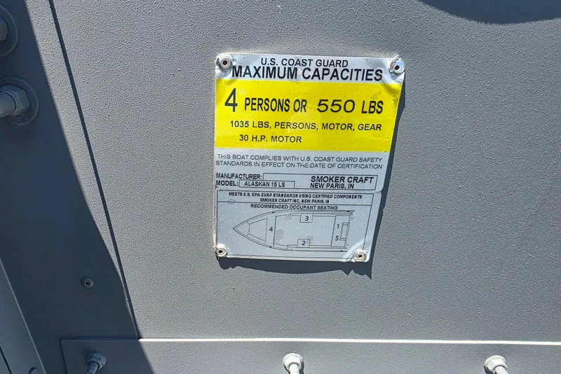 Slide: The Image of U.S. Coast Guard capacity label on 2026 Smoker Craft Alaskan 15 TS DLX boat. - 9