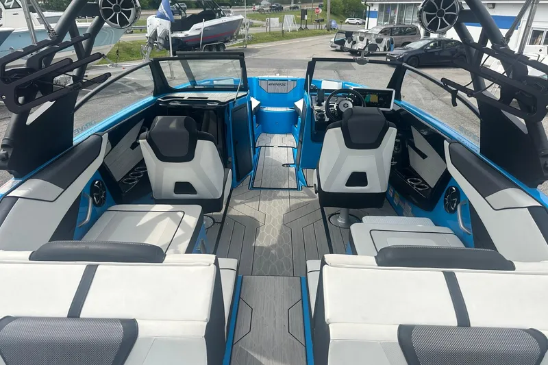 Slide: The Image of 2023 Yamaha Boats 222XD interior with modern seating and sleek design. - 20