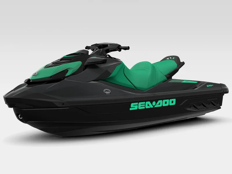 Slide: The Image of 2026 Sea-Doo GTI SE 170 iDF, iBR jet ski in black and green. - 3