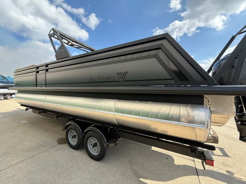Slide: The Image of Viaggio Lago Z 24 S 2026 pontoon boat on trailer, side view. - 6